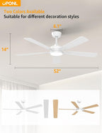 52 Inch White Ceiling Fan with Light with Remote Control, Large Air Volume, modern ceiling fan with light for Bedroom Kitchen Dining room Patio- Donwrod Mount