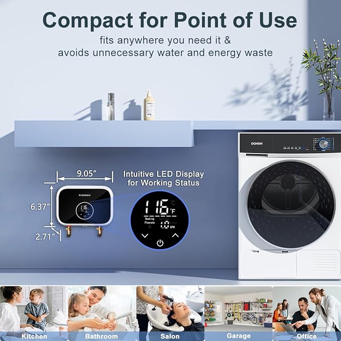 Electric Tankless Water Heater 240V, ECOTOUCH 6kW Point of Use Tankless Water Heater Instant Hot Water Heaters Electric with Self-modulation Technology ETL Certificated ECO60BE Black