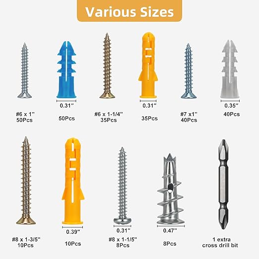 Drywall Anchors and Screws Assortment Kit 286PCS, 143 Plastic & Zinc Dry Wall Anchors and 143 Philips Flat Head Screws, 5 Sizes Short and Long for Hanging Picture,Curtain Rod