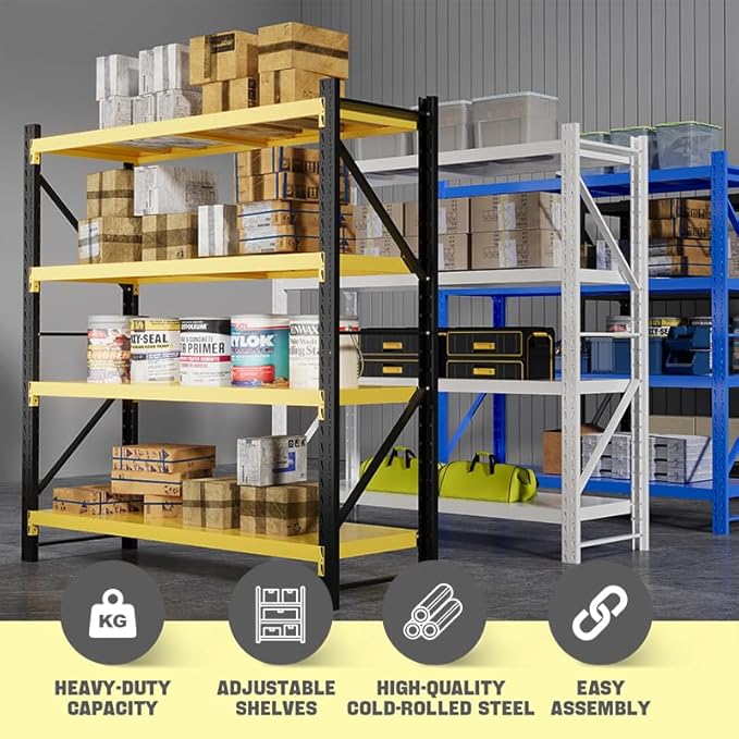 Storage Shelves Heavy Duty, Metal Garage Shelving Units, 4 Tier Storage Rack Shelf, Steel Industrial Shelving, Adjustable Standing Shelf for Basement/Warehouse Yellow and Black, W41.34*D19.69*H78.74
