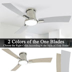52 Inch Ceiling Fans with Lights and Remote, Brushed Nickel Low Profile Ceiling Fan with Light,Reversible,Flush Mount,6 Speeds,3CCT Dimmable,for Bedroom,Living Room,Indoor Patio