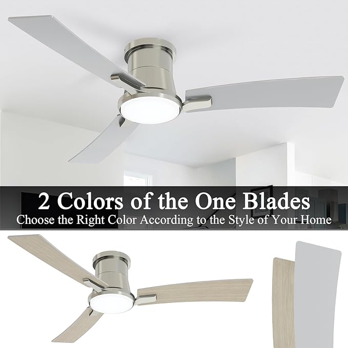 52 Inch Ceiling Fans with Lights and Remote, Brushed Nickel Low Profile Ceiling Fan with Light,Reversible,Flush Mount,6 Speeds,3CCT Dimmable,for Bedroom,Living Room,Indoor Patio