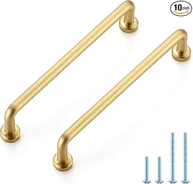 JOY DECOR Cabinet Pulls – 5 Inch Hole Center, Brushed Brass, 10 Pack, Zinc Alloy Cabinet Handles for Drawers & Cupboard – Vintage Style Hardware for Kitchen, Bathroom, Dresser, Furniture Makeover