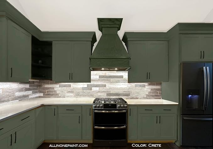 ALL-IN-ONE Paint, Durable cabinet and furniture paint. Built in primer and top coat, no sanding needed. Includes our 30 featured color card - Crete (olive green), Quart