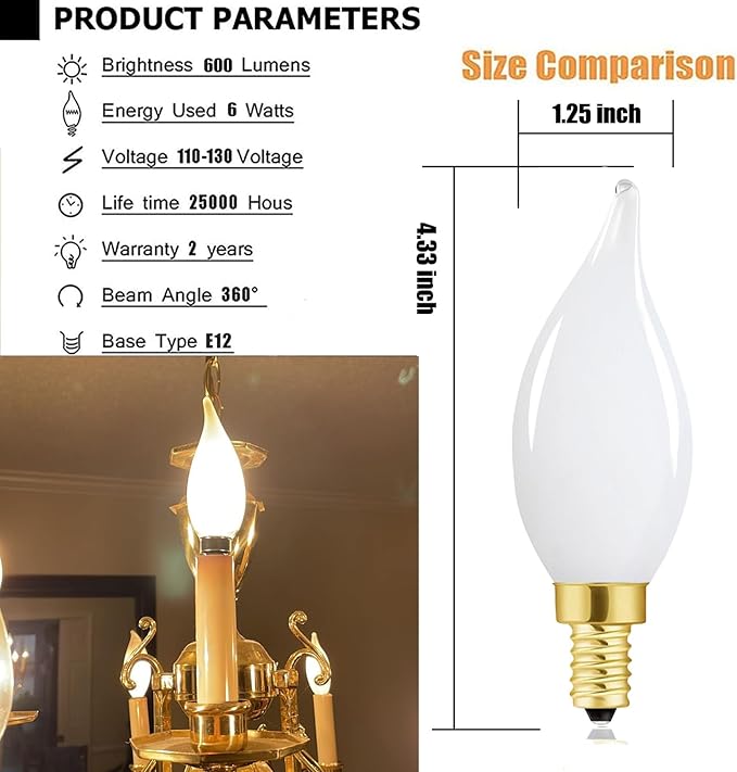E12 Dimmable LED Bulb 6W Candelabra Bulbs 60 Watt E12 Light Bulbs 2700K Warm White Frosted Chandelier Light Bulbs for Vanity, Bent Tip Small Base Type b Bulbs, 6 Pack