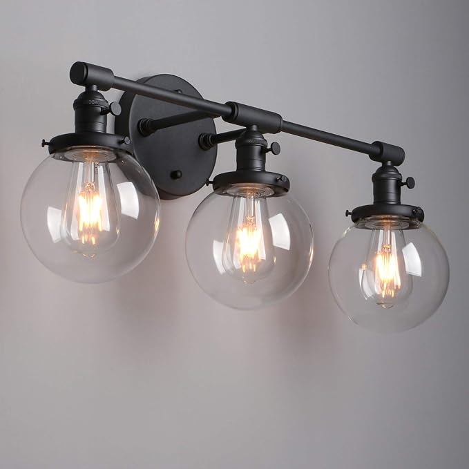 Phansthy 3-Light Wall Sconces Antique Brass Vanity Light, Industrial Wall Lamps with On Off Switch and Clear Glass Lampshade, Vintage Wall Lighting for Bathroom Living Room (Black, Globe Shade)