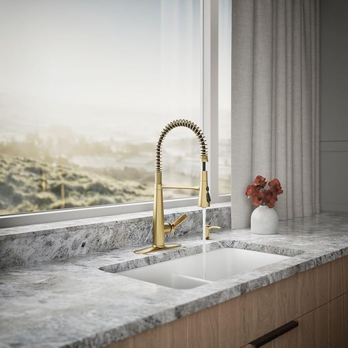 KOHLER K-REC22745-SD-2MB Semi-Professional Kitchen Faucet with Soap Dispenser/Lotion Dispenser, Commercial Kitchen Sink Faucet with Pull-Down Sprayhead, Vibrant Brushed Moderne Brass