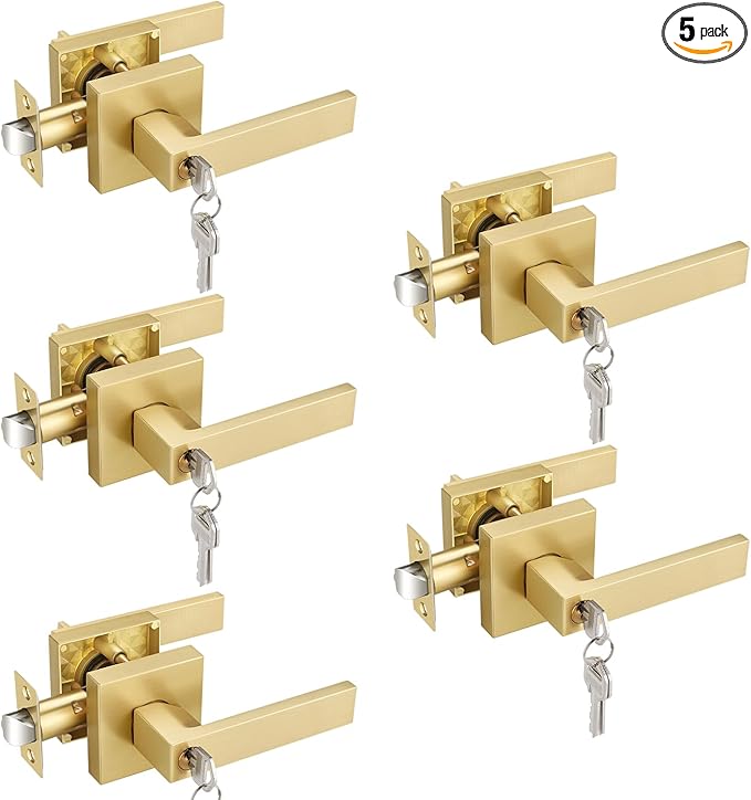 EHOMEWARE 5 Pack Entry Door Levers with Keys for Exterior Front Doors All Keyed Same, Satin Brass Finish, Keyed Alike for Bedroom Bathroom Interior Doors, Modern Gold Door Handles