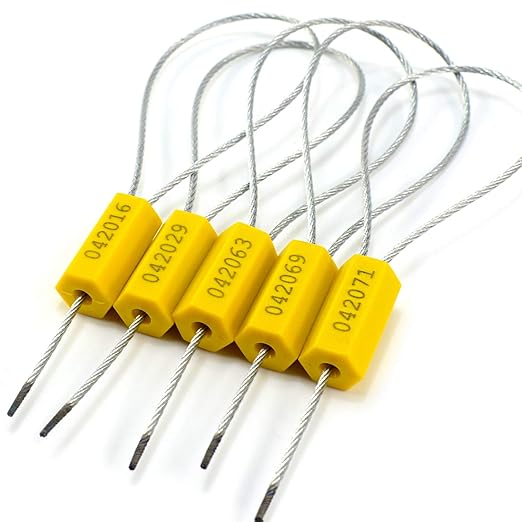 50 pcs Tamper Resistant Security Seals Numbered Steel Cable Wire Truck Seals Pull-Tite Secure Shipping Tag Self-Locking Padlock for Trailers, Truck (Yellow)