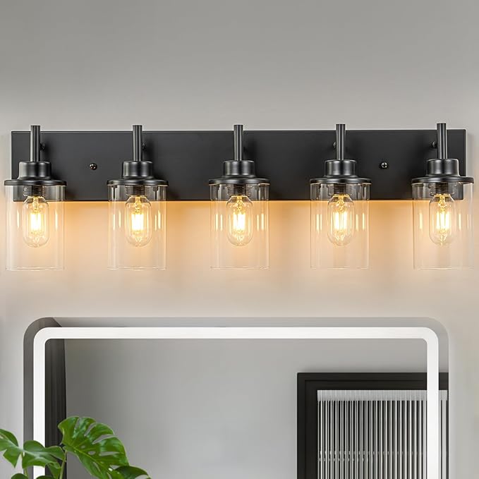 GoYeel Black Vanity Light Fixture 5 Light, Matte Black Bathroom Lighting Fixtures Over Mirror Bathroom Wall Light Modern Restroom Light Fixture Farmhouse with Clear Glass Shade