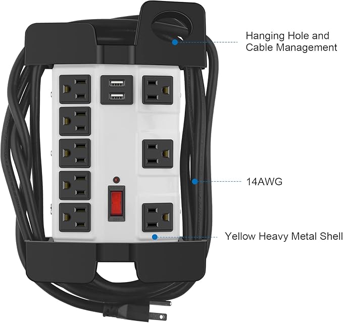Heavy Duty Power Strip with USB, Workshop 8 Outlet Surge Protector 2700 Joules, Grey Industrial Metal 15Amp Power Strip, 15FT Extension Cord and Wide Spaced.