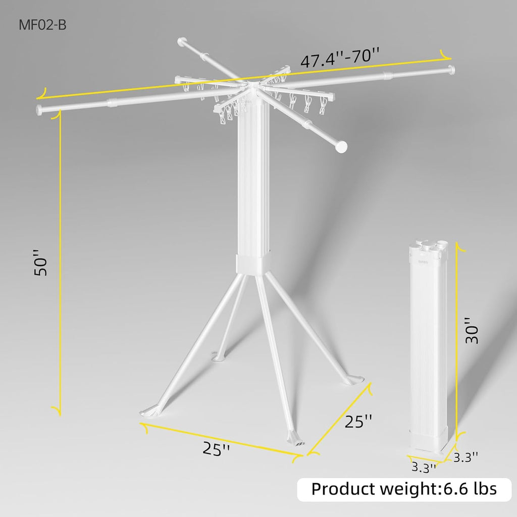 BIREN Clothes Drying Rack Foldable Extending Laundry Rack with 16 Clips Collapsible Clothing Rack Space-Saving Clothing Racks for Hanging Clothes, Indoor, Camping, Balcony, Outdoor