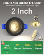 zouzai 2 Inch 5CCT Gimbal Black Led Recessed Lighting with Junction Box, 360°+90° Adjustable Led Recessed Lights, 2700K/3000K/3500K/4000K/5000K, 5W Eqv 50W, 550LM Brightness - ETL (Black, 1 Pack)