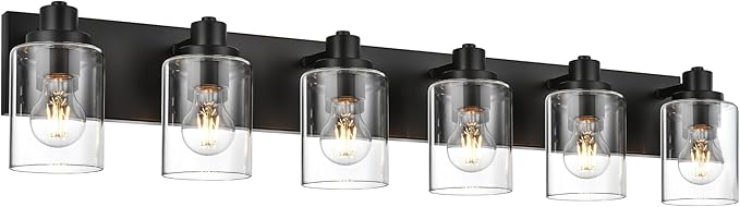 6 Light Bathroom Vanity Lights, Bathroom Lighting Fixtures over Mirror with Clear Glass Shades, Black Vanity Light For Bathoom, Modern Wall Sconces Vanity Lighting Fixture for Bathroom Hallway