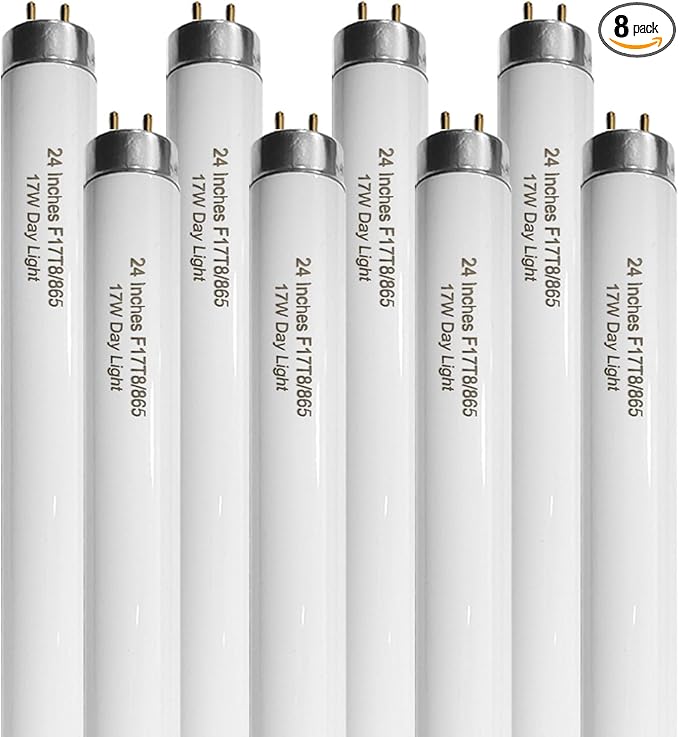 24 Inch F17T8/865 Fluorescent Bulb Daylight 6500K, 17 Watt T8 Light Bulb, 2 Foot Fluorescent Light Bulb, 1460 lumens, G13 Medium Bi-Pin Cap 8 Pack