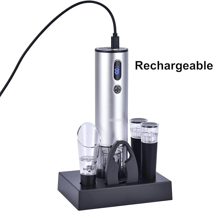 Electric Wine Opener with Wine Accessories -Rechargeable Wine Bottle Opener Set with Base, Wine Aerator, Foil Cutter and Wine Stoppers- Perfect Wine Gifts for Wine Lovers