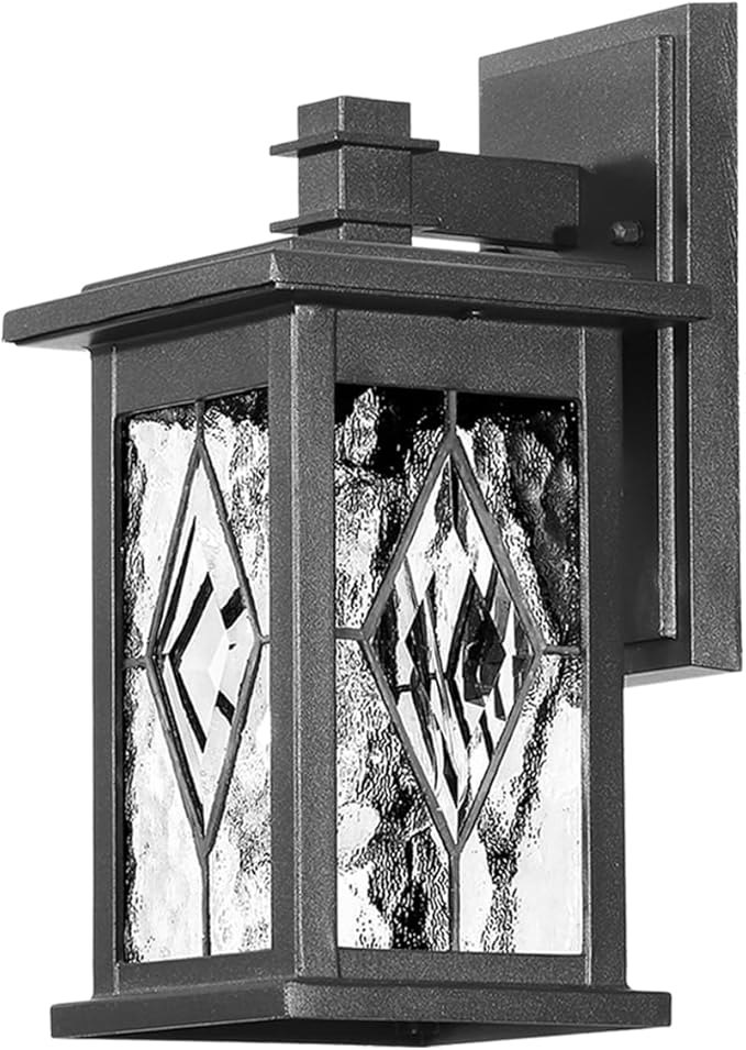 Outdoor Wall Sconce Light Matte Black Water Ripple Handmade Glass Shade Waterproof Outdoor Porch Light Wall Mount Aluminum Exterior Wall Light Fixtures