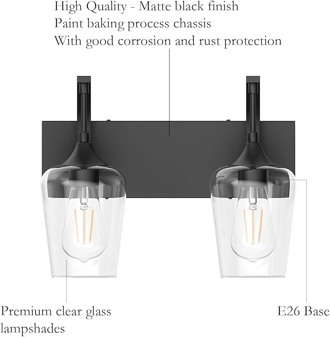 Ralbay Black Vanity Light 2 Lights Industrial Bathroom Light Fixtures Over Mirror with Clear Glass Black Bathroom Wall Mount Lighting Sconce