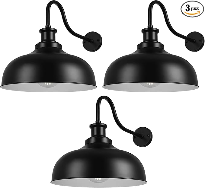 Outdoor Gooseneck Barn Light,16 Inch Dome Outdoor Wall Sconce Farmhouse Exterior Wall Mount Light Vintage Wall Lighting Fixture Industrial Black Wall Lantern for Porch, Entryway, Garage, 3 Pack