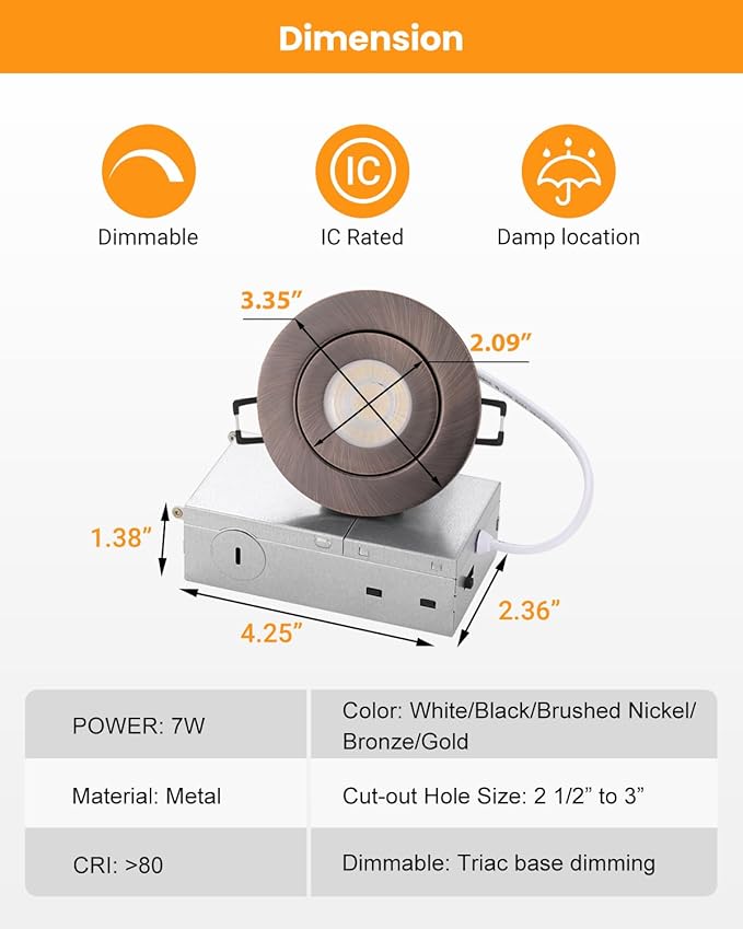 3 inch LED Recessed Light - 7W Gimbal Canless Oil-Rubbed Bronze Soffit Intertek Lighting,Dimmable Eyeball Fixture ,360° Adjustable Ceiling Spotlight for Bedroom, Wall Art, Accent Lighting 6Pack BZ