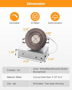 3 inch LED Recessed Light - 7W Gimbal Canless Oil-Rubbed Bronze Soffit Intertek Lighting,Dimmable Eyeball Fixture ,360° Adjustable Ceiling Spotlight for Bedroom, Wall Art, Accent Lighting 6Pack BZ