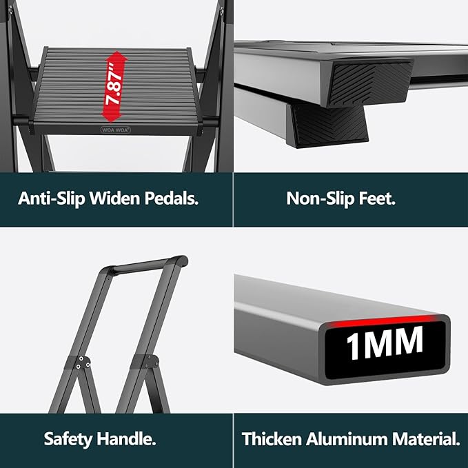 WOA WOA 4 Step Ladder for 10 Feet High Ceiling, Lightweight Foldable Ladder with Non-Slip Wide Pedals, Step Stool with Safe Handrail, Space Saving for Home, Kitchen, Indoor & Outdoor 300lbs - Black