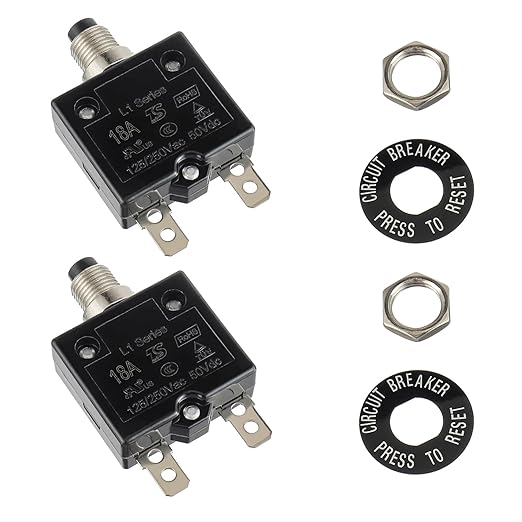 HUWREW 18 Amp Push Button Circuit Breaker 125-250V AC 50V DC L1 Series Manual Reset Thermal Circuit Breaker 18A Thermal Overload Protector (Pack of 2)