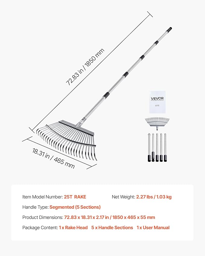 VEVOR Leaf Rake, 25 Metal Tines, Adjustable Garden Rake for Lawns with 18.3 Inch Wide Head & 36.4-72.8 Inch Long Handle, Heavy Duty Stainless Steel Small Leaves Tool for Gardening Camping Yard Grass