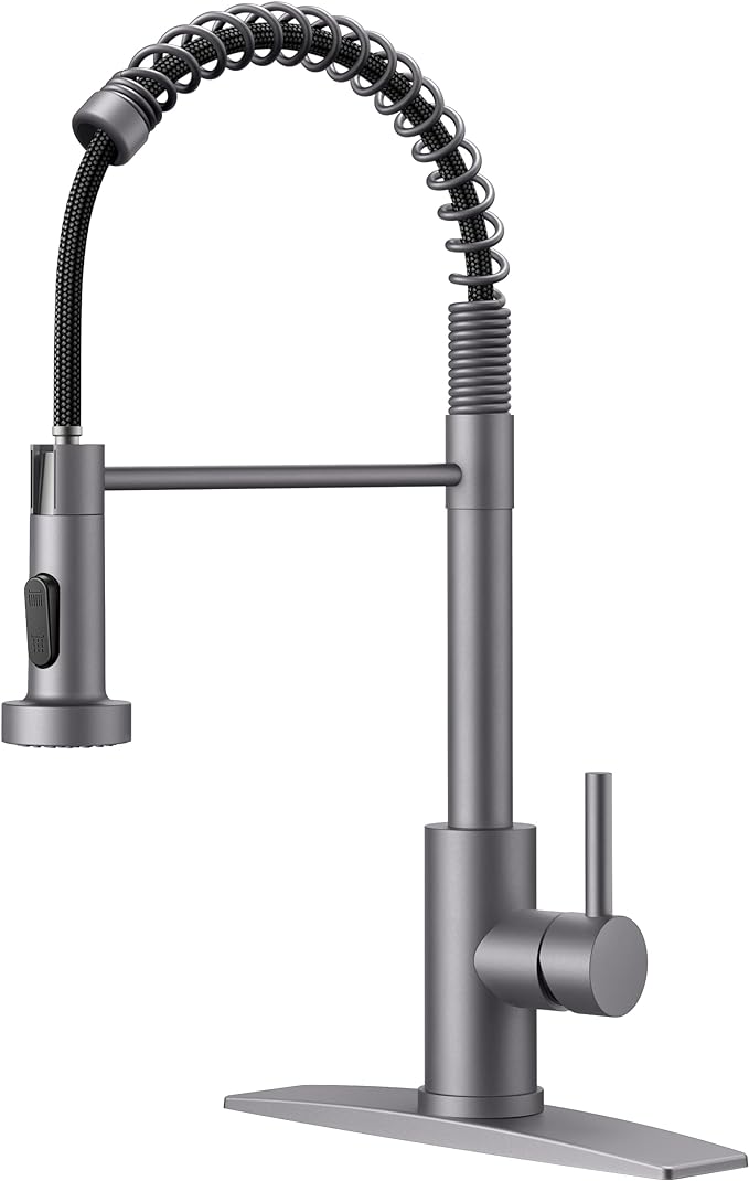 FORIOUS Kitchen Faucet with Pull Down Sprayer, Stainless Steel Commercial Single Handle Classic Spring Pull Out Sink Faucet for Pot Filler, Farmhouse Camper Bar Laundry Room, Grey