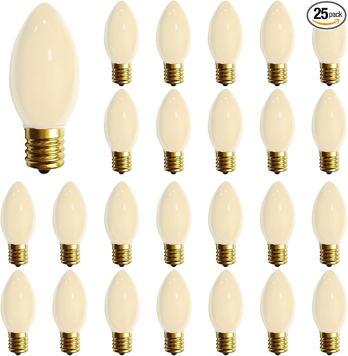 C9 White Christmas Light Bulbs, 25 Pack C9 Incandescent Replacement Bulbs for Christmas String Light, Candle Lamps, E17 Intermediate Base, 7Watt Night Lights Bulbs
