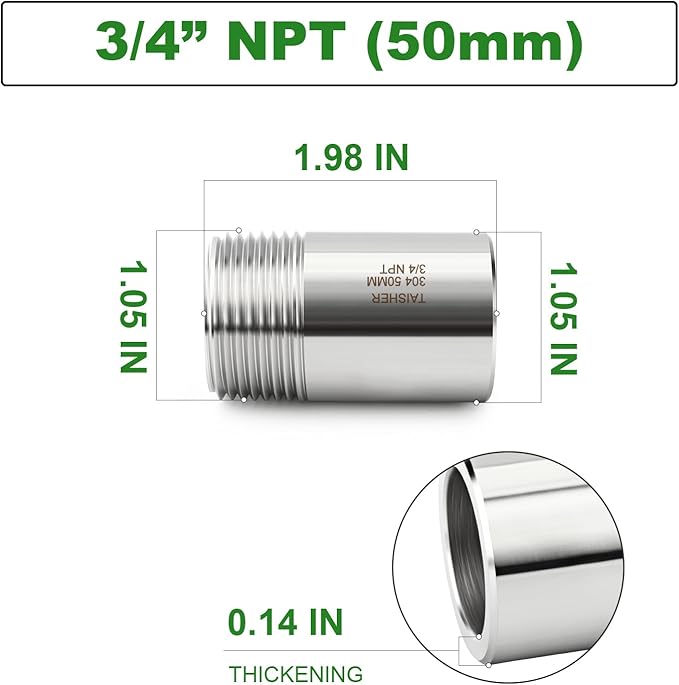 TAISHER 2PCS 304 Stainless Steel Pipe Fittings, 3/4" NPT Male Threaded, 2" Length Weld Nipple Cast Pipe
