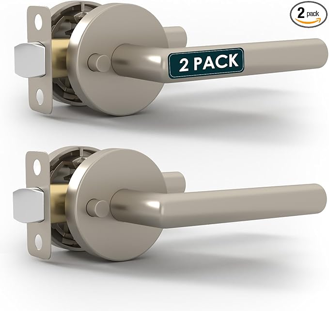 Mega Handles Ronn Privacy Door Handle - 2 Pack Reversible Brushed Nickel Door Handles, Heavy Duty Bed & Bath Door Handles with Privacy Door Lock, Fits All Standard Doors - Satin Nickel