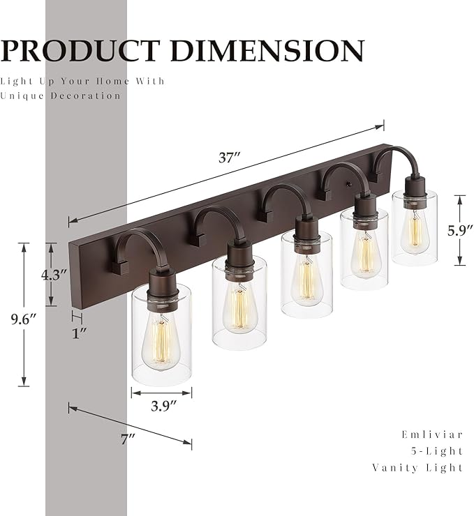 Emliviar 5-Light Metal Bath Vanity Lighting Fixture, Farmhouse Wall Sconce Over Mirror with Clear Glass, Oil Rubbed Bronze Finish, YCE237B-5W ORB