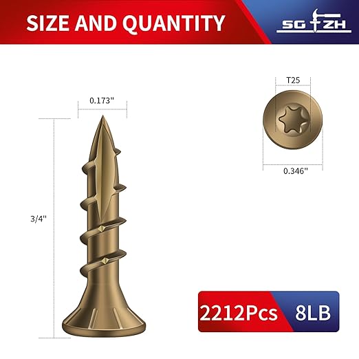 #8 x 3/4" Deck Screws (2212Pcs) 8lb. Carbon Steel, Yellow, Flat Head, Rust Resistant epoxy Coated, with T25 Star Bit