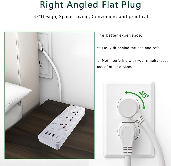 Power Strip with 45 Degree Plug and 10ft Long Cord, 3 Universal Socket, 2500W Circuit Breaker, 4 USB Ports Desktop Charging Station(3 USB-A & 1 USB-C)