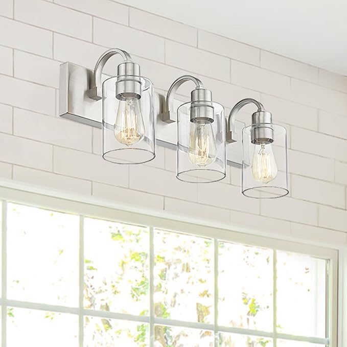 Emliviar 3-Light Vanity Light Fixture - Modern Bathroom Light Fixtures Over Mirror, Brushed Nickel Finish with Clear Glass, YCE237B-3W BN