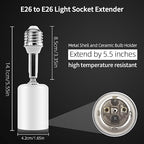 Ceramic E26 Light Bulb Socket Extender - 5.5inch Long - 90 Degree Angle Adjustable- 150W Max and Fire-Resistant - Light Extension for Medium Bulb Socket (1)