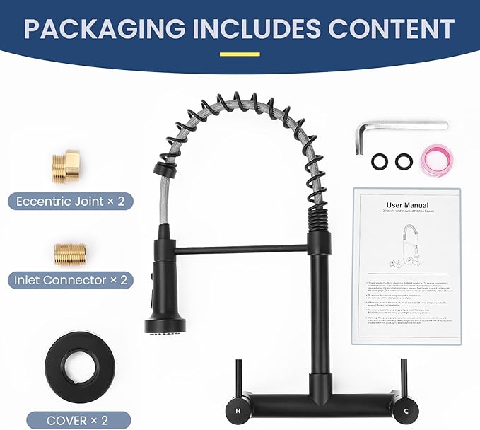 Wall Mount Kitchen Sink Faucet, 8 Inch Center Wall Mount Kitchen Faucets with 3-Function Pull Down Sprayer, Dual Handles Commercial Faucet for Kitchen Laundry Restaurant (Black)