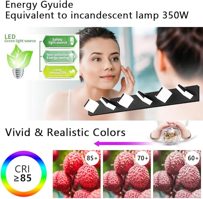 Aipsun Black Bathroom Light Fixtures - 6 Modern Vanity Lights with LED, Over Mirror (White Light, 6000K)