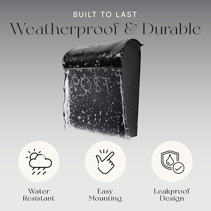 NACH Vicki Style Black Wall Mount Mailbox, Made from Heavy Duty Galvanized Metal, Waterproof & Rust-Resistant, Secure Mails & Package Storage, 12.5 x 11 x 4.5 Inches