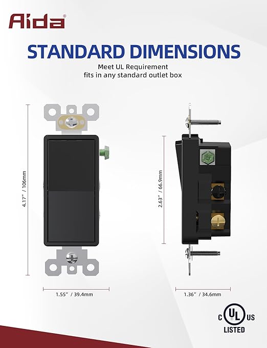 AIDA 4 Way Decorative Light Switch, 15Amp, 120/277 Volt, AC Decorator Rocker Wall Switch Replacement, Self-Grounding, Residential and Commercial Grade, UL Listed (10 Pack, Glossy Black)