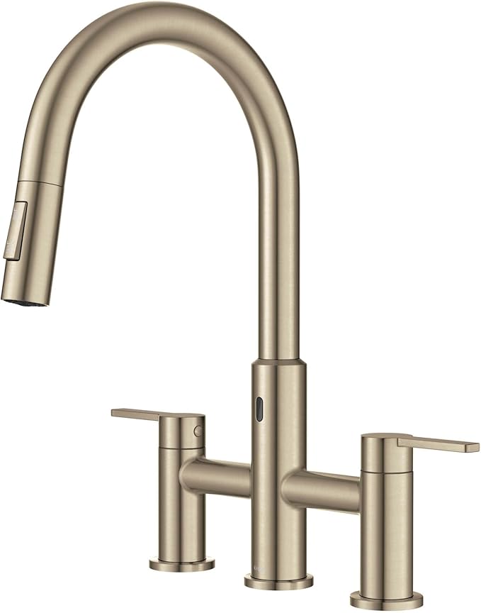 KRAUS Oletto Touchless Sensor Bridge Kitchen Faucet with Pull-Down Sprayhead in Spot-Free Antique Champagne Bronze, KSF-3122SFACB