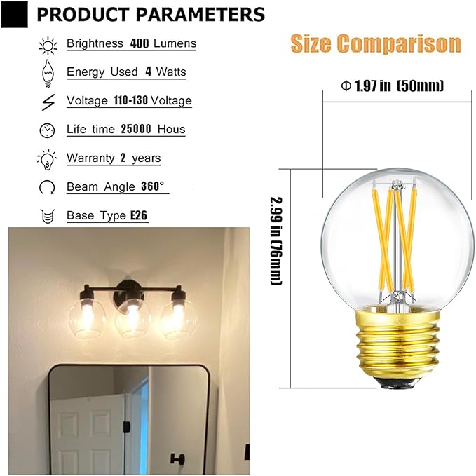 Leools Dimmable Wall sconces Edison Bulb G16.5 4W Equal 40 watt AC120V Clear Glass Soft White 3000K E26 Light Bulb for Pendant,Chandeliers,Vanity, 400lm 6Pack