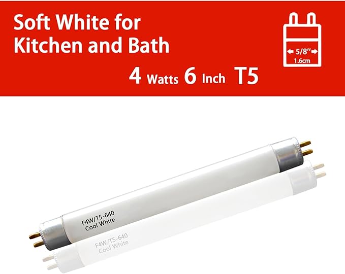 6'' F4T5/CW Under Cabinet Bulb,T5 4W Cool White Linear Fluorescent Tube,Replacement Bulb for GE,Eiko 15501, Sylvania 20416,Sunlite 05040, Rayovac,Coleman Lantern,G5 Bi-Pin Base,4100K (4PACK)