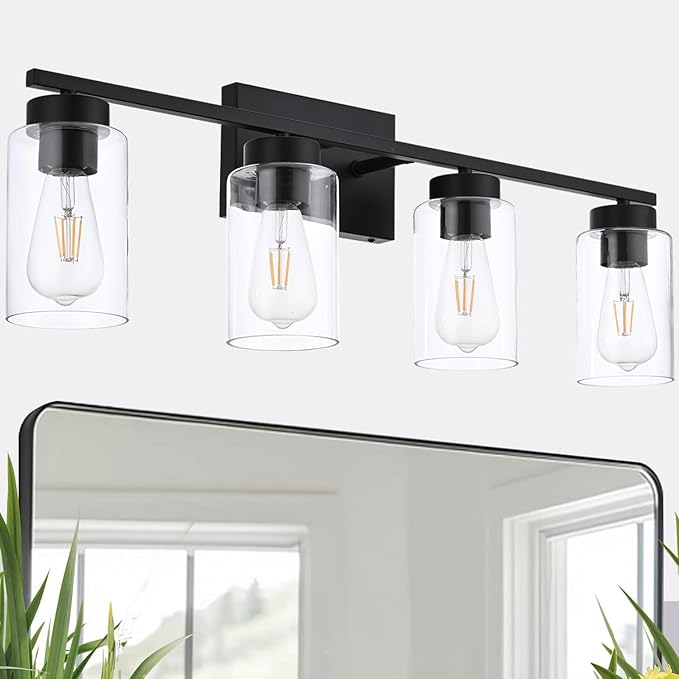 4 Light Bathroom Vanity Light Fixtures, Matte Black Modern Wall Lights with Clear Glass Shade, Vintage Wall Sconce Lighting for Living Room, Mirror, Bedroom, Hallway (Black, 4-Lights)