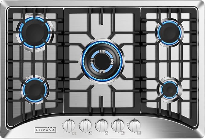 Empava 30 Gas Stainless Steel 5 Italy Sabaf Sealed Burners with NG/LPG Conversion Stove Top Cooktops Designed for Kitchen and RV Use, 30 Inch