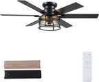 52inch Low Profile Ceiling Fan with Light and Remote,Farmhouse DIY Caged Flush Mount Ceiling Fan with Reversible DC Motor Dual Finish 6 Blades,6 Speed Black Fandelier for Patio,Bedroom,Livingroom