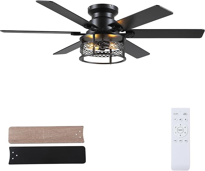 52inch Low Profile Ceiling Fan with Light and Remote,Farmhouse DIY Caged Flush Mount Ceiling Fan with Reversible DC Motor Dual Finish 6 Blades,6 Speed Black Fandelier for Patio,Bedroom,Livingroom