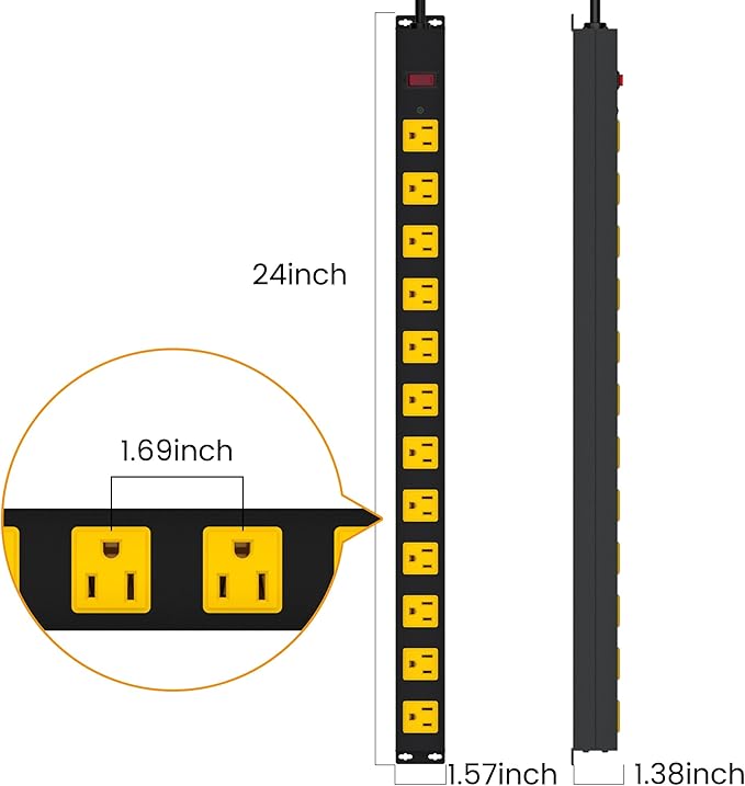 Metal 12 Outlet Mountable Power Strip, Surge Protector Heavy Duty Cord Wide Spaced and Wall Mount Metal Powerstrip for Outdoor, Desk, Garage, Industrial, Shop and Indoor (10ft)