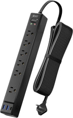 10Ft Extension Cord with Multiple Outlets, SUPERDANNY Flat Plug Surge Protector Power Strip with 3 USB Ports & 6 Outlets, 10 Ft Long Cord, Black Charging Station for Home Office, Dorm Room Essentials